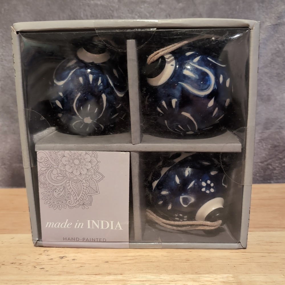 Blue Pottery Ball Ornaments, Hand-Painted Indian Decor, Set of 4